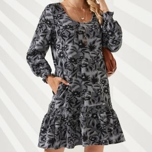Black/Gray Floral Dress with Pockets-Plus